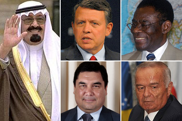 Clockwise, from left: <a href='http://en.wikipedia.org/wiki/File:Abdullah_of_Saudi_Arabia.jpg'>King Abdullah of Saudi Arabia</a>, <a href='http://en.wikipedia.org/wiki/File:King_Abdullah_portrait.jpg'>King Abdullah II of Jordan</a>,  <a href='http://en.wikipedia.org/wiki/File:Teodoro_Obiang_detail,_1650FRP051.jpg'>Teodoro Obiang Nguema Mbasogo of Equatorial Guinea</a>, <a href='http://en.wikipedia.org/wiki/File:Islam_Karimov_(2009).jpg'>Islam Karimov of Uzbekistan</a>, <a href='http://en.wikipedia.org/wiki/File:Gurbanguly_Berdimuhammedov.jpg'>Kurbanguly Berdymukhamedov of Turkmenistan</a>