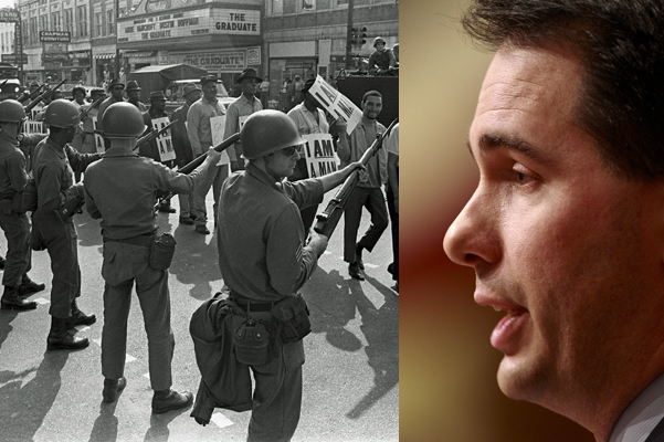 Striking sanitation workers and their supporters are flanked by bayonet-wielding National Guard troops and armored vehicles during a march on City Hall in Memphis, Tenn., March 29, 1968. Right: Gov. Scott Walker