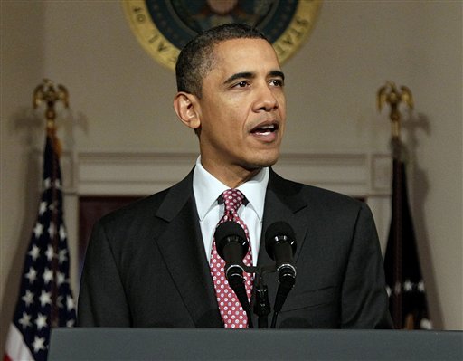 President Barack Obama makes a statement on the resignation of Egypt's President Hosni Mubarak in the Grand Foyer at the White House in Washington, Friday, Feb. 11, 2011. (AP Photo/Carolyn Kaster) (AP)