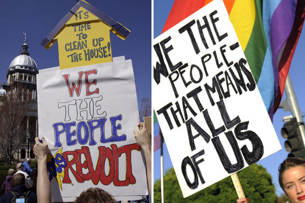 A Tea Party rally at the Illinois state Capitol in Springfield, Ill., in April 2009. Right: A supporter of gay marriage in West Hollywood, Calif., in August 2010.