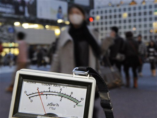 A radiation detector marks 0.6 microsieverts, exceeding normal day data Tuesday March 15, 2011, near Shibuya train station in Tokyo, four days after a strong earthquake damaged a nuclear power plant in Fukushima Prefecture, northeastern Japan. (AP Photo/Kyodo News) JAPAN OUT, MANDATORY CREDIT, NO LICENSING IN CHINA, HONG KONG, JAPAN, SOUTH KOREA AND FRANCE (AP)