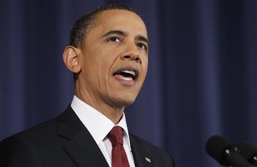 President Barack Obama speaks about Libya at the National Defense University in Washington, Monday, March 28, 2011. (AP Photo/Charles Dharapak) (AP)