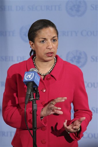 American Ambassador to the U.N. Susan Rice speaks to reporters after a Security Council meeting on the situation in Libya, Wednesday, March 16, 2011 at United Nations headquarters.  (AP Photo) (AP)
