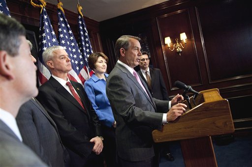** CORRECTS TO REP. STEVE WOMACK, R-ARK., SECOND FROM LEFT ** House Speaker John Boehner of Ohio, second from right, speaks during a news conference on Capitol Hill in Washington, Tuesday, March 1, 2011. From left are, Rep. Jeb Hensarling, R-Texas, Rep. Steve Womack, R-Ark., Boehner, Rep. Cathy McMorris Rodgers, R- Wash., Boehner, and House Majority Leader Eric Cantor of Va.  (AP Photo/Evan Vucci) (AP)