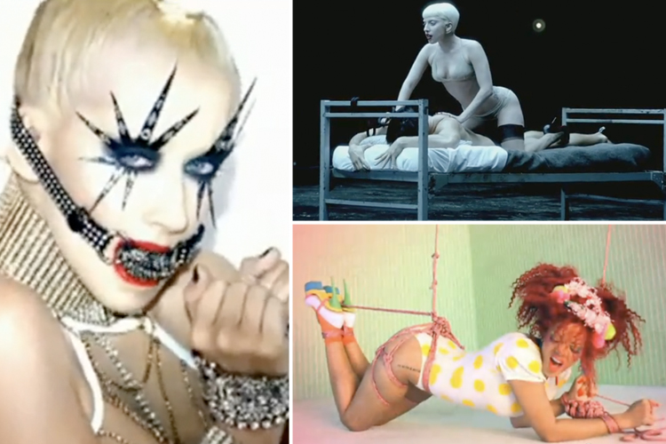 Stills from the music videos for "Not Myself Tonight," "Alejandro" and "S&M"
