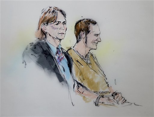 Attorney Judy Clark and defendant Jared Loughner stand before the judge in federal court Wednesday, March 9, 2011 in Tucson, Ariz. as shown in this artists' rendering. Suspected shooter Jared Loughner, who is charged with shooting U.S. Rep. Garbrielle Giffords, D-Ariz., and 18 others, was in court for a status hearing to consider whether to order the suspect in the Tucscon, Ariz., shooting rampage to give handwriting samples to compare with documents seized in a search of his home.  (AP Photo/Bill Robles) (AP)