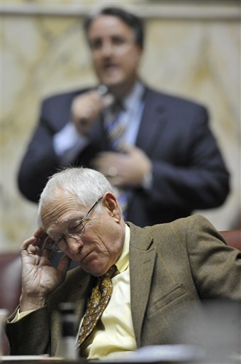 Sen. Richard Madeleno, D-Montgomery County, and the Senate's only openly gay member, speaks behind John Astle, D-Anne Arundel Co., in support of  the gay marriage bill on the State Senate floor Thursday, Feb. 24, 2011 in Annapolis, Md. (AP Photo/Gail Burton) (AP)