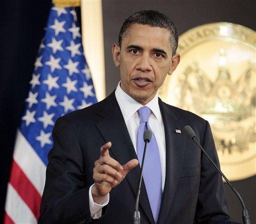 President Barack Obama answers question on the ongoing situation in Libya during his joint news conference with President of El Salvador Mauricio Funes at the National Palace in San Salvador, El Salvador, Tuesday, March 22, 2011. (AP Photo/Pablo Martinez Monsivais) (AP)