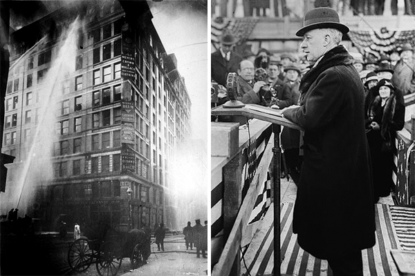The Triangle Shirtwaist Factory fire of March 25th, 1911. Right: Governor Al Smith during his 1928 campaign for President.
