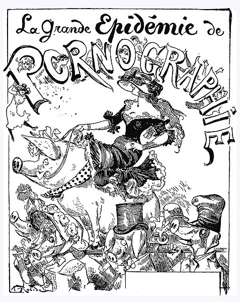 Caricature on "The great epidemic of pornography". From 19th-century French illustration Le Courrier Francais.