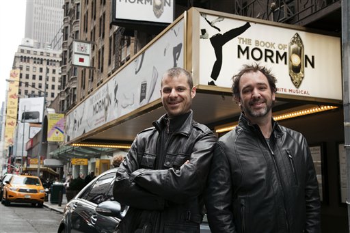 CORRECTS LEFT AND RIGHT In this March 16, 2011 photo, Trey Parker, right, and Matt Stone, co-creators of the Broadway show "The Book of Mormon," pose for a portrait outside the Eugene O'Neill Theatre in New York. (AP photo/Victoria Will) (AP)