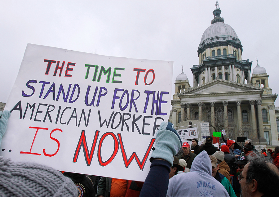 Demonstrators rally in support of Wisconsin workers at the Illinois State Capitol in Springfield, Ill., Saturday, Feb. 26, 2011. ( AP Photo/Seth Perlman) (Seth Perlman)