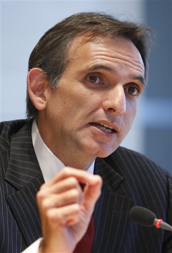 FILE - In this July 16, 2008 file photo, Carlos Pascual, listens during a press conference in Berlin. U.S. Ambassador to Mexico Carlos Pascual, who criticized his host government's handling of the drug problem in a cable divulged by the WikiLeaks website, has resigned, Secretary of State Hillary Rodham Clinton said Saturday, March 19, 2011. (AP Photo/Franka Bruns, File) (AP)