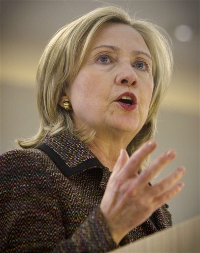 U.S. Secretary of State Hillary Rodham Clinton gestures as she speaks at the Human Rights Council in Geneva, Switzerland, Monday Feb. 28, 2011. The 27-nation bloc agreed an arms embargo, asset freeze and visa ban against Libyan strongman Moammar Gadhafi on Monday. (AP Photo/Anja Niedringhaus) (AP)