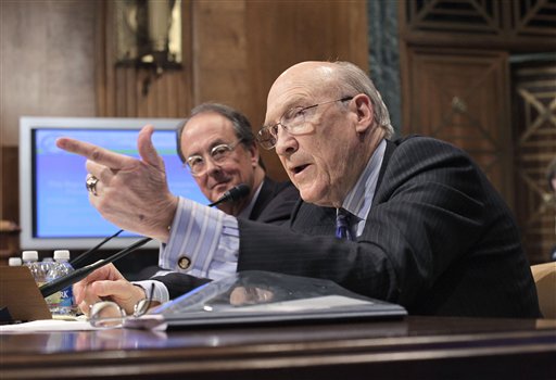 FILE - In this March 8, 2011 file photo, National Commission on Fiscal Responsibility and Reform, Co-Chairmen Alan Simpson, right, and Erskine Bowles, testify on Capitol Hill in Washington. Dont look for President Barack Obama to endorse a Medicare voucher plan or turning Medicaid over  to the states when he unveils his approach to  controlling the governments health care costs on Wednesday. But less government money for providers and more costs shifted to beneficiaries will still be in the plan. The president is expected to draw from proposals issued by his debt commission and from the work of a small group of senators of both parties trying to devise a strategy that will force Congress to deal with the cost of health benefits.   (AP Photo/J. Scott Applewhite, File) (AP)
