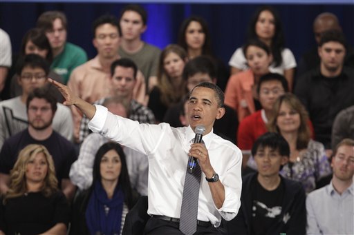 President Barack Obama gestures while addressing the crowd during a town hall meeting at Facebook headquarters in Palo Alto, Calif., Wednesday, April 20, 2011. (AP Photo/Marcio Jose Sanchez) (AP)