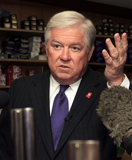 Possible Republican presidential candidate, Mississippi Gov. Haley Barbour talks with reporters at Riley's Gun Shop, Thursday, April 14, 2011, in Hookset, N.H. (AP Photo/Jim Cole) (AP)