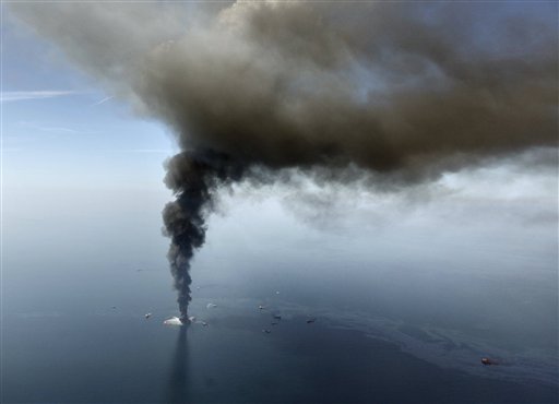 The Deepwater Horizon oil rig burns in the Gulf of Mexico. (AP/Gerald Herbert)