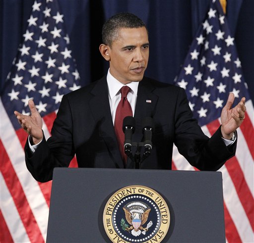 President Barack Obama delivers his address on Libya at the National Defense University in Washington, Monday, March 28, 2011.   (AP Photo/Manuel Balce Ceneta) (AP)