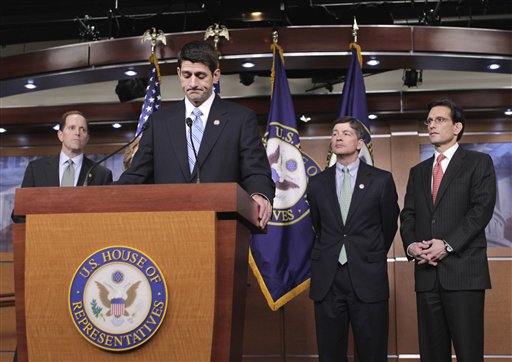 House Budget Committee Chairman Rep. Paul Ryan, R-Wis., at podium, declares that he was "disappointed" in President Obama's speech on a federal spending plan, Wednesday, April 13, 2011, during a news conference on Capitol Hill in Washington. From left are: House Ways and Means Committee Chairman Rep. Dave Camp, R-Mich., Ryan, Republican Conference Chairman Rep. Jeb Hensarling, R-Texas, and House Majority Leader Eric Cantor of Va.   (AP Photo/J. Scott Applewhite) (AP)