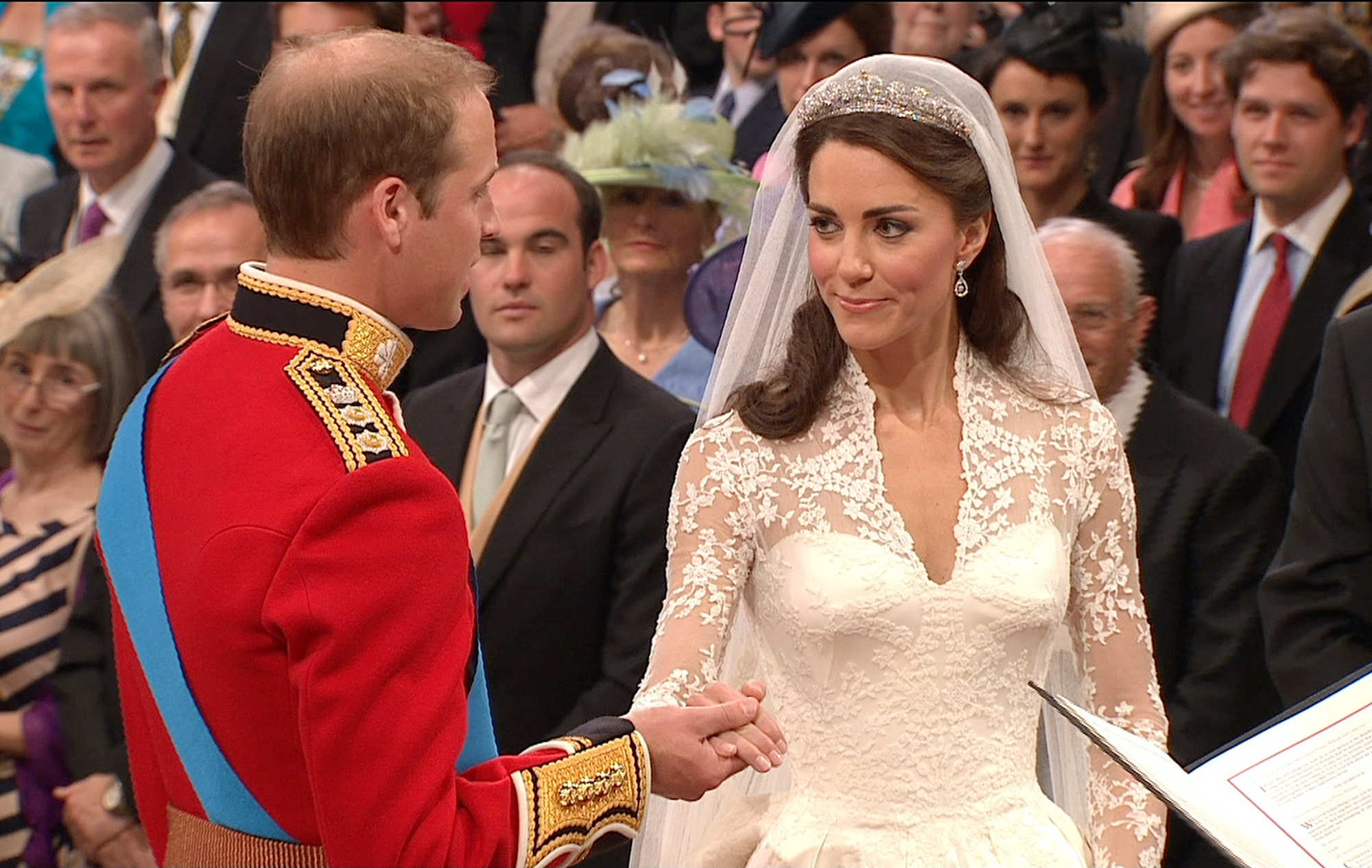 In this image taken from video, Britain's Prince William, left, takes the hand of his bride, Kate Middleton, as they stand at the altar at Westminster Abbey for the Royal Wedding in London on Friday, April, 29, 2011. (AP Photo/APTN) EDITORIAL USE ONLY NO ARCHIVE PHOTO TO BE USED SOLELY TO ILLUSTRATE NEWS REPORTING OR COMMENTARY ON THE FACTS OR EVENTS DEPICTED IN THIS IMAGE (Associated Press)