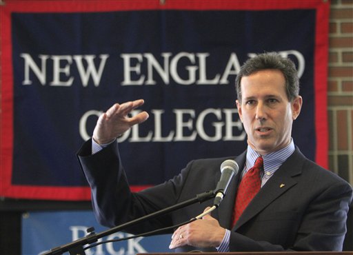 Possible 2012 Republican presidential candidate, former U.S. Sen. Rick Santorum of Pennsylvania talks about the budget with students at New England College, Thursday, April 14, 2011 in Henniker, N.H. Republicans eyeing the White House assailed President Barack Obama's deficit-reduction proposal and cast him as a tax-raising liberal who is failing to lead a nation on the brink of fiscal catastrophe. (AP Photo/Jim Cole) (AP)