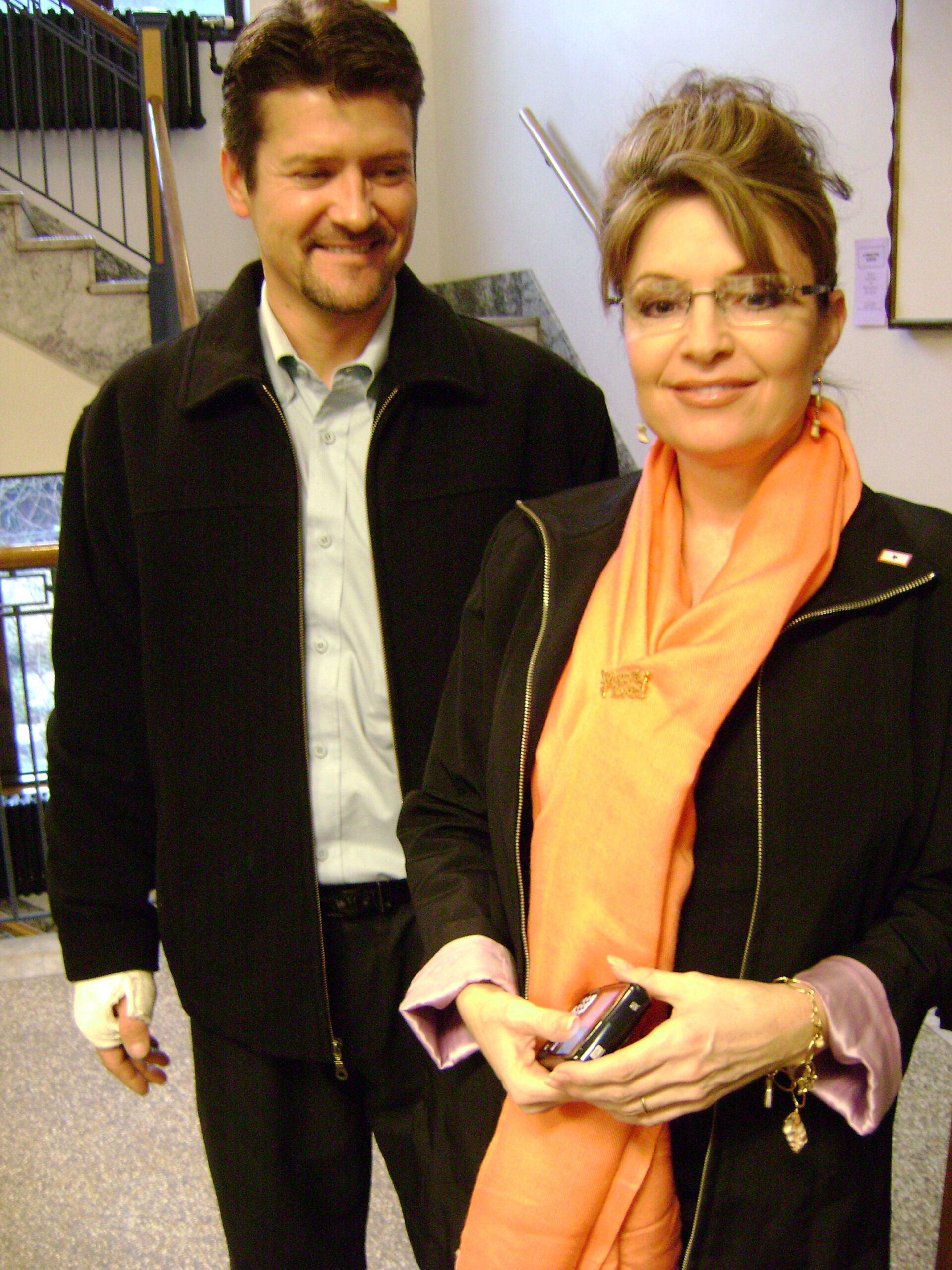 Sarah Palin and her husband Todd at the Alaska State Capitol on February 19, 2008. At the time, Palin was six months pregnant.
