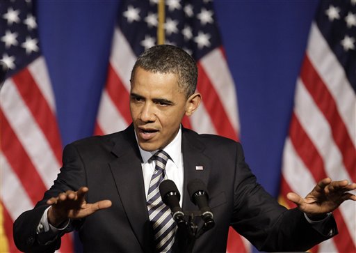 President Barack Obama gestures as he speaks at a Democratic party fundraiser, the third of three such events he attended in one night, in New York, Wednesday, April 27, 2011.  (AP Photo/Kathy Willens) (AP)