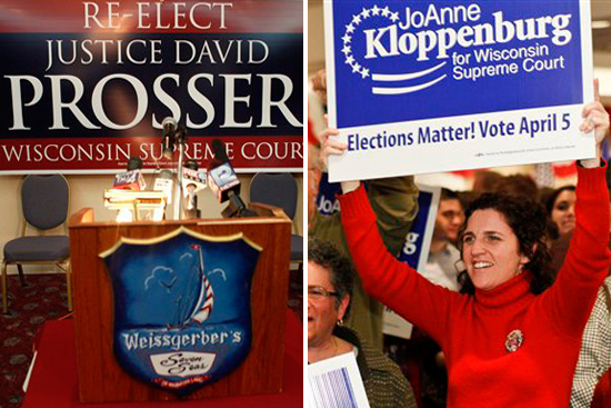 A sign hangs behind a podium for Justice David Prosser. Right: Supporters for Wisconsin Supreme Court candidate JoAnne Kloppenburg cheer while watch election results in Madison, Wis., Tuesday, April 5, 2011.