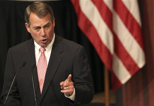 U.S. House Speaker John Boehner gestures as he addresses the Economic Club of New York in New York, Monday, May 9, 2011.  The Economic Club of New York is a non-political, non-partisan and non-profit organization with members from the executive levels of business, industry and finance. Its mission is to promote the study and discussion of social, economic, and political questions. (AP Photo/Kathy Willens) (AP)