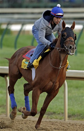 Exercise rider James Slater takes Kentucky Derby entrant Animal Kingdom for a workout at Churchill Downs Friday, May 6, 2011, in Louisville, Ky. (AP Photo/Denis Paquin) (AP)