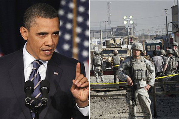 At right, U.S. soldiers stand guard in front the gate of a U.S. base after an attack in Kabul, Afghanistan, on Saturday, April 2, 2011.