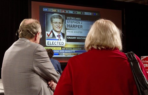 Liberal supporters watch the election results at the Liberal headquarters Monday, May 2, 2011 in Toronto, Ontario, Canada. (AP Photo/The Canadian Press, Frank Gunn) (AP)