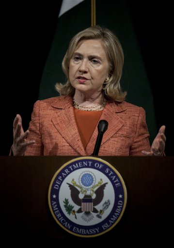 U.S. Secretary of State Hillary Rodham Clinton addresses a news conference at U. S. embassy in Islamabad, Pakistan Friday, May 27, 2011. Clinton said that relations between the United States and Pakistan had reached a turning point after the killing of Osama bin Laden and Islamabad must make "decisive steps" in the days ahead to fight terrorism. (AP Photo/B.K.Bangash) (AP)