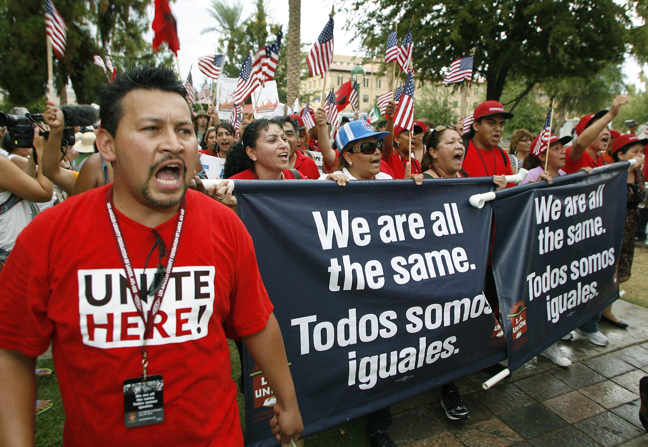 Hundreds of members of the Los Angeles County Federation of Labor march to the Arizona state capitol building in protest of Arizona's SB1070 immigration-enforcement law Thursday, July 29, 2010 in Phoenix. (AP Photo/Ralph Freso) (Ralph Freso)