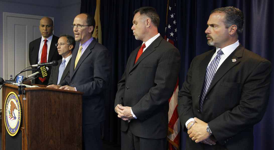 Thomas Perez, Assistant Attorney General for the Civil Rights Division, center, talks about a federal investigation of the Newark Police Department during a news conference, Monday, May 9, 2011 in Newark, N.J. Standing with him are, from left, Newark Mayor Cory Booker, U.S. Attorney for the District of New Jersey Paul J. Fishman, Newark Police Director Garry McCarthy and Acting Newark Police Director Sam DeMaio. The Department of Justice on Monday announced an investigation into the policies and practices of the police department of New Jersey's largest city. The move comes months after the state American Civil Liberties Union complained of rampant misconduct and lax internal oversight at the Newark Police Department, although federal and city officials insisted that the ACLU's petition wasn't the main reason for the probe. (AP Photo/Julio Cortez) (Julio Cortez)