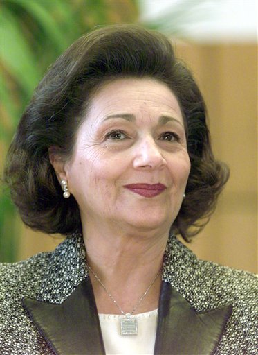 FILE - In this Feb. 19, 2003 file photo, Suzanne Mubarak, wife of Egypt's President Hosni Mubarak, smiles at the Free University Berlin. Egyptian authorities have ordered the detention of Suzanne Mubarak, wife of deposed President Hosni Mubarak, the government-run MENA news service says. The move on Friday May 13, 2011 comes a day after the government reported that Mubarak and his wife were questioned over suspicions they illegally amassed vast wealth. (AP Photo/Franka Bruns, File) (Associated Press)