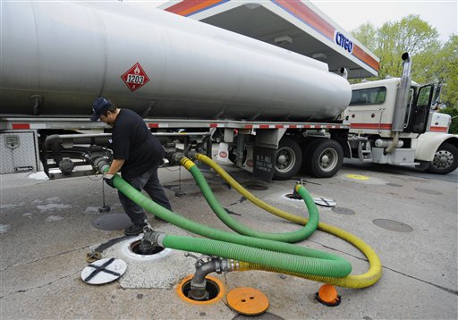 FILE - In this April 28, 2011 file photo, a truck delivers gas to a CITGO station in Wethersfield, Conn. Oil is sliding nearly 3 percent on a stronger dollar Monday, May 23, 2011. Meanwhile, gasoline pump prices dropped nearly a penny to a new national average of $3.843 per gallon. (AP Photo/Jessica Hill, file) (AP)