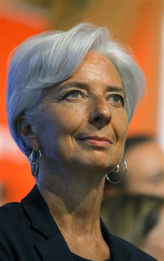 France's Finance and Economy Minister Christine Lagarde is seen during the ringing of the opening bell at the Paris Euronext opening day Tuesday, May 24, 2011. Momentum grew for  Lagarde's potential candidacy to the top job at the IMF, with the Netherlands becoming the latest European government to offer its support. The Frenchwoman, however, kept silent about whether she even wants the job. (AP Photo/Jacques Brinon) (AP)