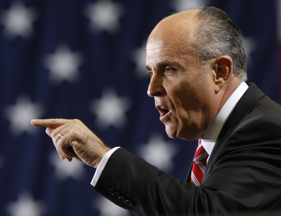 Then Republican presidential hopeful, former New York City Mayor Rudy Giuliani, speaking at a campaign rally in Clearwater, Fla., Monday, Jan. 28, 2008.