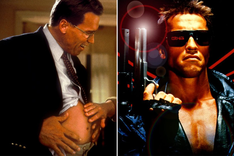 Arnold Schwarzenegger in "Junior," left, and "The Terminator"