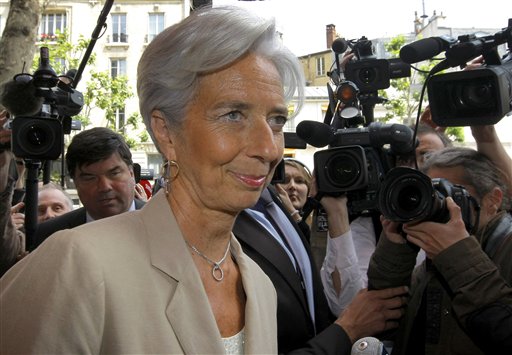 France's Finance and Economy Minister Christine Lagarde visits a Parisian supermarket and goods retailer in Paris Thursday  May 19, 2011.  Lagarde has emerged as a potential candidate to replace IMF chief, Frenchman Dominique Strauss-Kahn who resigned Wednesday, saying he wants to devote "all his energy" to fighting sexual assault charges in New York.  (AP Photo/Jacques Brinon) (AP)