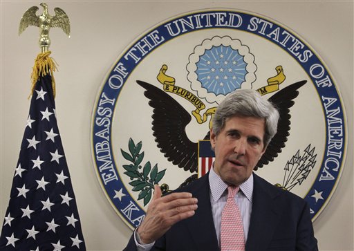 U.S. Senator John Kerry speaks during a press conference at the U.S. embassy in Kabul, Afghanistan, Sunday, May 15, 2011. U.S. Sen. John Kerry says the U.S. relationship with Pakistan is at a "critical moment" because of the killing of Osama bin Laden. But he also said that bin Laden's death may present a new opportunity for reconciliation with the Taliban in Afghanistan. (AP Photo/Musadeq Sadeq) (AP)