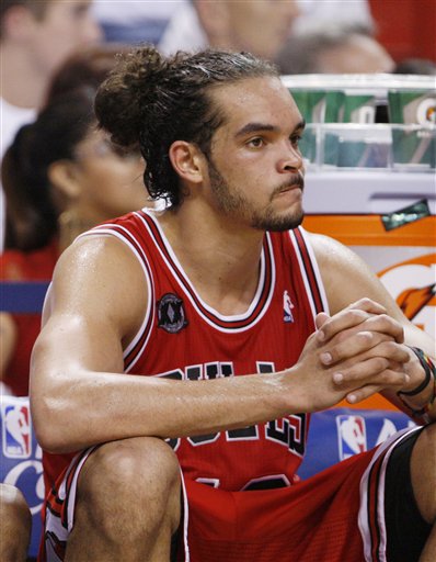 This photo take May 22, 2011 shows Chicago Bulls' Joakim Noah during Game 3 of the NBA Eastern Conference finals basketball series against the Miami Heat in Miami, Sunday, May 22, 2011. Noah apologized again Monday May 23, 2011,  for directing an anti-gay slur at a fan during Game 3 of the Eastern Conference finals, and was bracing for punishment  likely a large fine  from the NBA. (AP Photo/Wilfredo Lee) (AP)
