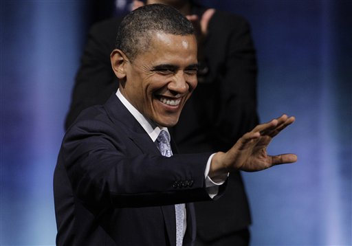 President Barack Obama waves as he prepares to speak at the Austin City Limits Live at the Moody Theater, Tuesday, May 10, 2011, in Austin, Texas.  (AP Photo/Eric Gay) (AP)