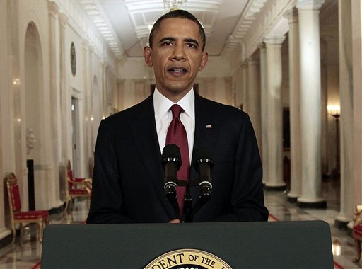 President Barack Obama reads his statement to photographers after making a televised statement on the death of Osama bin Laden from the East Room of the White House in Washington, Sunday, May 1, 2011.  (AP Photo/Pablo Martinez Monsivais) (AP)