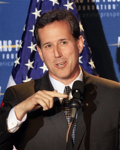 Possible 2012 presidential hopeful, former Republican U.S. Sen., Rick Santorum of Pennsylvania speaks during a dinner sponsored by Americans for Prosperity, Friday, April 29, 2011 in Manchester , N.H. (AP Photo/Jim Cole) (AP)