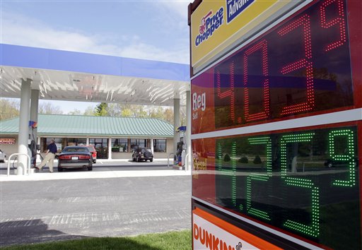 Gas prices are seen on a sign at a station in Half Moon, N.Y., on Wednesday, May 11, 2011. New York, Indiana, Illinois and New Hampshire are among the first states talking about temporarily suspending part or all of the state and local taxes that can add 14 cents to nearly 50 cents to a gallon of gas. (AP Photo/Mike Groll) (AP)