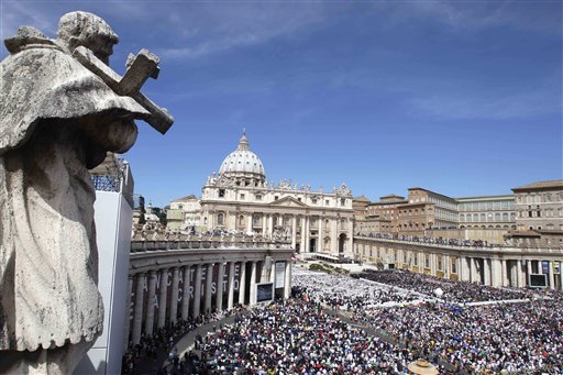 Faithful crowd St. Peter's Square at the Vatican, Sunday, May 1, 2011. Pope Benedict XVI beatified Pope John Paul II before more than a million faithful in St. Peter's Square and surrounding streets Sunday, moving the beloved former pontiff one step closer to possible sainthood. (AP Photo/Pier Paolo Cito) (AP)