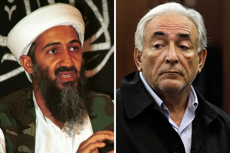 Osama Bin Laden. Right: Dominique Strauss-Kahn, head of the International Monetary Fund, is arraigned Monday, May 16, 2011, in Manhattan Criminal Court